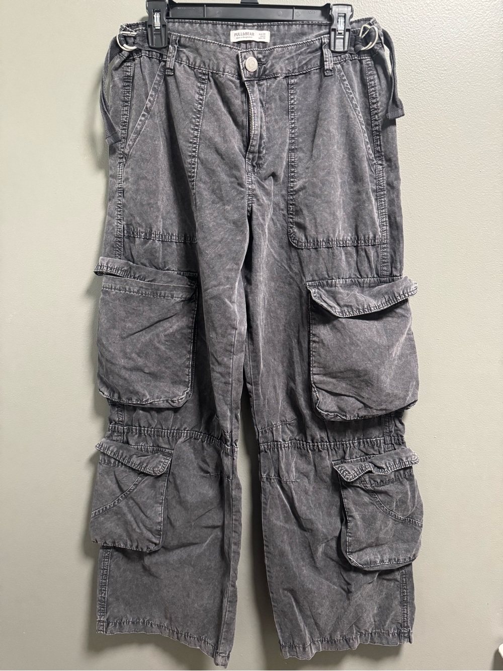 Pull&Bear Stonewashed Gray Multi-pocket Skater Cargo Wide Leg Pants Grunge Baggy